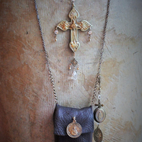 Paradise Lost Necklace Set w/Hand Stitched Distressed Leather Pouch,2 Volume Miniature Paradise Lost (John Milton) Books,Antique French Reliquary Locket,Antique Sacred Heart Cross & More!