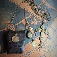 Paradise Lost Necklace Set w/Hand Stitched Distressed Leather Pouch,2 Volume Miniature Paradise Lost (John Milton) Books,Antique French Reliquary Locket,Antique Sacred Heart Cross & More!