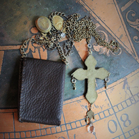 Paradise Lost Necklace Set w/Hand Stitched Distressed Leather Pouch,2 Volume Miniature Paradise Lost (John Milton) Books,Antique French Reliquary Locket,Antique Sacred Heart Cross & More!