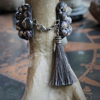 The Sea Cuff & Earring Set w/Found Shells, Sterling Chain, Dark Grey Silk Tassel, Sterling Earring Wires