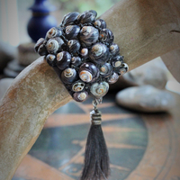 The Sea Cuff & Earring Set w/Found Shells, Sterling Chain, Dark Grey Silk Tassel, Sterling Earring Wires