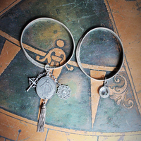 Vintage Sterling Mobious Engraved Bangles with The Lord's Prayer and The Sanskrit Peace Prayer,Antique Medals,Sterling Tassel,Antique Crystal Drop