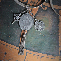 Vintage Sterling Mobious Engraved Bangles with The Lord's Prayer and The Sanskrit Peace Prayer,Antique Medals,Sterling Tassel,Antique Crystal Drop
