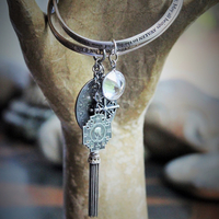 Vintage Sterling Mobious Engraved Bangles with The Lord's Prayer and The Sanskrit Peace Prayer,Antique Medals,Sterling Tassel,Antique Crystal Drop