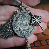 Vintage Sterling Mobious Engraved Bangles with The Lord's Prayer and The Sanskrit Peace Prayer,Antique Medals,Sterling Tassel,Antique Crystal Drop