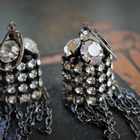 Unique Antique Faceted Rhinestone & Sterling Chain Earrings