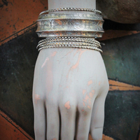 Set of 6 Antique Sterling Stacking Bangle Bracelets w/Rare Antique French Engraved Our Lady Medal,Antique Faceted Rock Crystal Tear Drop,Antique French Paste Connector & More!