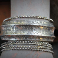 Set of 6 Antique Sterling Stacking Bangle Bracelets w/Rare Antique French Engraved Our Lady Medal,Antique Faceted Rock Crystal Tear Drop,Antique French Paste Connector & More!