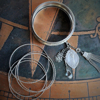 Set of 6 Antique Sterling Stacking Bangle Bracelets w/Rare Antique French Engraved Our Lady Medal,Antique Faceted Rock Crystal Tear Drop,Antique French Paste Connector & More!