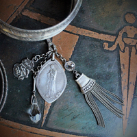 Set of 6 Antique Sterling Stacking Bangle Bracelets w/Rare Antique French Engraved Our Lady Medal,Antique Faceted Rock Crystal Tear Drop,Antique French Paste Connector & More!
