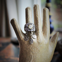 Unique Faceted White Topaz Ring w/Antique French Medals,Antique Bezel Set Rock Crystal Connector