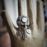 Unique Faceted White Topaz Ring w/Antique French Medals,Antique Bezel Set Rock Crystal Connector