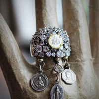 Unique Faceted White Topaz Ring w/Antique French Medals,Antique Bezel Set Rock Crystal Connector
