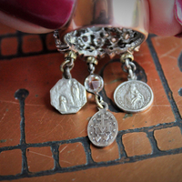 Unique Faceted White Topaz Ring w/Antique French Medals,Antique Bezel Set Rock Crystal Connector