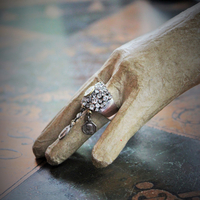 Unique Faceted White Topaz Ring w/Antique French Medals,Antique Bezel Set Rock Crystal Connector