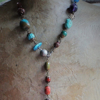 Gemstone Lariat Necklace w/Turquoise, Malachite, Amethyst and More, Artisan Made Butter Soft Dark Brown Tassel, Hand Wrought Sterling Hook