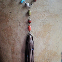 Gemstone Lariat Necklace w/Turquoise, Malachite, Amethyst and More, Artisan Made Butter Soft Dark Brown Tassel, Hand Wrought Sterling Hook