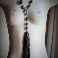 Gemstone Lariat Necklace w/Turquoise, Malachite, Amethyst and More, Artisan Made Butter Soft Dark Brown Tassel, Hand Wrought Sterling Hook