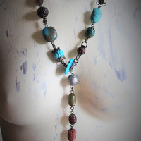 Gemstone Lariat Necklace w/Turquoise, Malachite, Amethyst and More, Artisan Made Butter Soft Dark Brown Tassel, Hand Wrought Sterling Hook