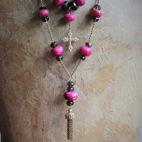 Faceted Natural Ruby & Faceted Smoky Topaz Necklace & Earring Set w/Antique Goldfill Cross, Antique Chain & Chain Tassel