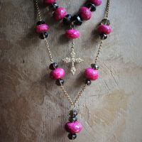 Faceted Natural Ruby & Faceted Smoky Topaz Necklace & Earring Set w/Antique Goldfill Cross, Antique Chain & Chain Tassel