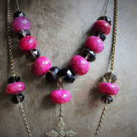 Faceted Natural Ruby & Faceted Smoky Topaz Necklace & Earring Set w/Antique Goldfill Cross, Antique Chain & Chain Tassel