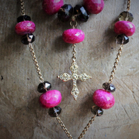 Faceted Natural Ruby & Faceted Smoky Topaz Necklace & Earring Set w/Antique Goldfill Cross, Antique Chain & Chain Tassel