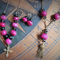 Faceted Natural Ruby & Faceted Smoky Topaz Necklace & Earring Set w/Antique Goldfill Cross, Antique Chain & Chain Tassel