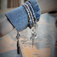 Stacking Distressed Denim, Kantha & Leather 5 Bangle Set w/Engraved French Mater Amabilis Cross,Flaming Sacred Heart Medal,Sterling 4 Way Cross & Tassel + More!