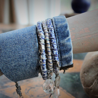 Stacking Distressed Denim, Kantha & Leather 5 Bangle Set w/Engraved French Mater Amabilis Cross,Flaming Sacred Heart Medal,Sterling 4 Way Cross & Tassel + More!