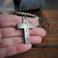 Stacking Distressed Denim, Kantha & Leather 5 Bangle Set w/Engraved French Mater Amabilis Cross,Flaming Sacred Heart Medal,Sterling 4 Way Cross & Tassel + More!