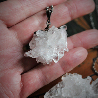 Clear Evidence Necklace w/Amazing Clear Rock Quartz Clusters, Antique Sterling & Rolo Chain,Sterling Bar Link Connector