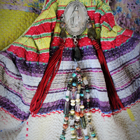 ALTaeRation Designs Antique Kantha Handbag w/Antique Marian Medal, Multi Gemstone Tassel,Antique Enamel Beads, Silk Tassels - and Matching Cosmetic Bag!