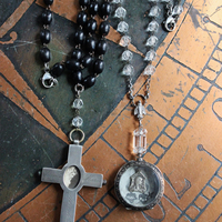 The Most Precious Light Necklace Set w/RARE Antique 19th Century French Engraved Sterling Reliquary Cross, Antique Sterling Pocket Watch Locket, Antique French Rosary Bead Chains