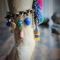 My Priestess Sisters Bracelet w/Antique Kuchi Gypsy Beaded Finding,Sterling The High Priestess Tarot Medal,Multiple Unique Dangles,Dweck Embossed Bronze Link Chain & Toggle Clasp