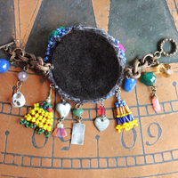 My Priestess Sisters Bracelet w/Antique Kuchi Gypsy Beaded Finding,Sterling The High Priestess Tarot Medal,Multiple Unique Dangles,Dweck Embossed Bronze Link Chain & Toggle Clasp