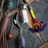 Everything you Need Amulet Necklace w/Antique Gypsy Beaded Finding,Antique Inlaid Crescent Moon,Artisan Butter Soft Leather Tassel & Ties + More!