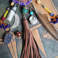 Everything you Need Amulet Necklace w/Antique Gypsy Beaded Finding,Antique Inlaid Crescent Moon,Artisan Butter Soft Leather Tassel & Ties + More!