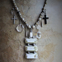 I Come Longing Necklace w/Antique Tribal Beads,Old Wood Findings with Mother Teresa "I THIRST" Text,Multiple Rock Quartz Drops,Antique Kuchi Findings & More!