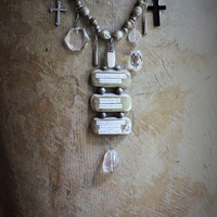 I Come Longing Necklace w/Antique Tribal Beads,Old Wood Findings with Mother Teresa "I THIRST" Text,Multiple Rock Quartz Drops,Antique Kuchi Findings & More!