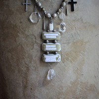 I Come Longing Necklace w/Antique Tribal Beads,Old Wood Findings with Mother Teresa "I THIRST" Text,Multiple Rock Quartz Drops,Antique Kuchi Findings & More!