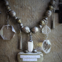 I Come Longing Necklace w/Antique Tribal Beads,Old Wood Findings with Mother Teresa "I THIRST" Text,Multiple Rock Quartz Drops,Antique Kuchi Findings & More!