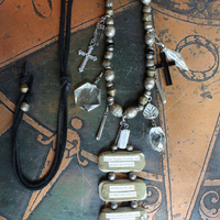 I Come Longing Necklace w/Antique Tribal Beads,Old Wood Findings with Mother Teresa "I THIRST" Text,Multiple Rock Quartz Drops,Antique Kuchi Findings & More!