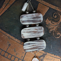 I Come Longing Necklace w/Antique Tribal Beads,Old Wood Findings with Mother Teresa "I THIRST" Text,Multiple Rock Quartz Drops,Antique Kuchi Findings & More!