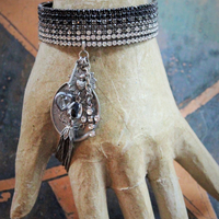 I Loved you in the End Cuff Bracelet with French Medals, Sterling Tassel,Antique Crystal Heart, and Antique Rhinestone Cross