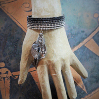 I Loved you in the End Cuff Bracelet with French Medals, Sterling Tassel,Antique Crystal Heart, and Antique Rhinestone Cross