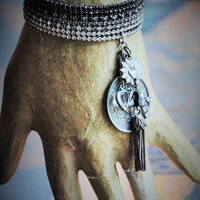 I Loved you in the End Cuff Bracelet with French Medals, Sterling Tassel,Antique Crystal Heart, and Antique Rhinestone Cross