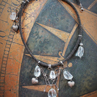 I will Always Lean my Heart Necklace w/Faceted Rock Crystal Stones & Drops, 3 Antique Puffy Hearts, Artisan Leather Tassel and Chains