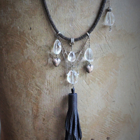 I will Always Lean my Heart Necklace w/Faceted Rock Crystal Stones & Drops, 3 Antique Puffy Hearts, Artisan Leather Tassel and Chains