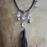I will Always Lean my Heart Necklace w/Faceted Rock Crystal Stones & Drops, 3 Antique Puffy Hearts, Artisan Leather Tassel and Chains